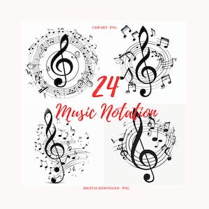 Notación musical Clipart PNG, 24 notas musicales en blanco y negro, descarga instantánea, uso comercial, notas Clipart, notas en blanco y negro Png