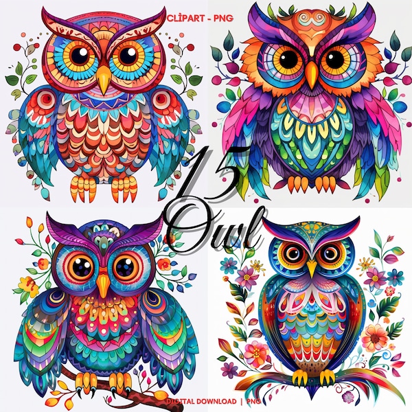 Owl Clipart PNG, Owl PNG, 15 Owl Animal Bundle, Owl Clipart, Colorful Owl PNG, Animal Bundle Set, Card Making, Digital Paper Craft