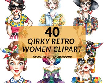 Quirky Women Clipart PNG Bundle, 40 Retro Characters, Funky Girl Illustrations, Transparent Background
