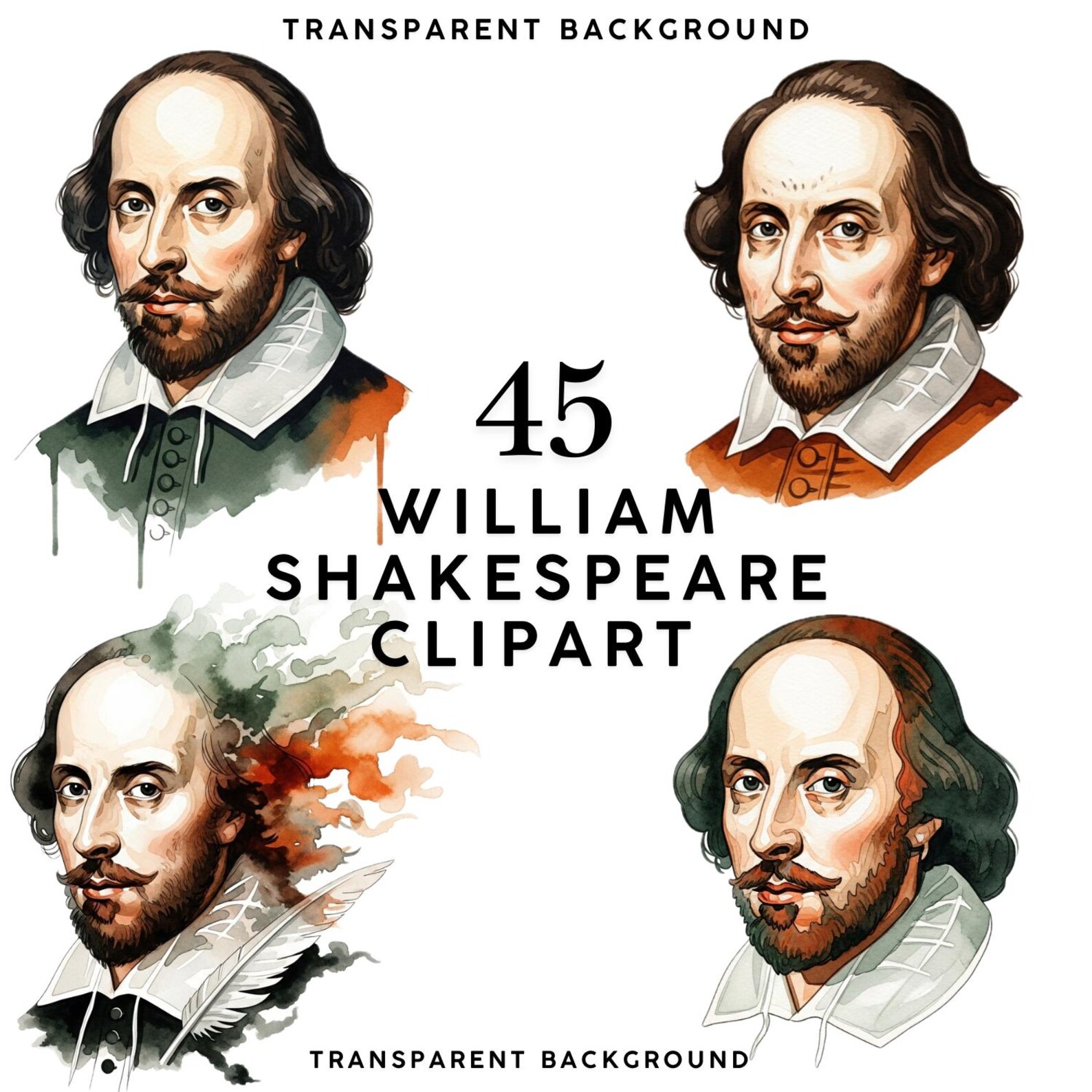 William Shakespeare PNG Clipart Bundle, 45 Watercolor Shakespeare ...