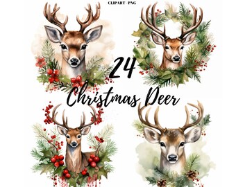 Clipart di cervi natalizi PNG: 24 illustrazioni festive per le vacanze (download digitale)