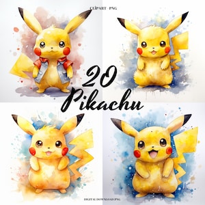 Pikachu Watercolor Clipart PNG, 20 Transparent Background and 20 White Background,  40 Pikachu images, Digital Paper Craft