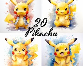 Pikachu Watercolor Clipart: 40 PNG Illustrations (Digital Download)