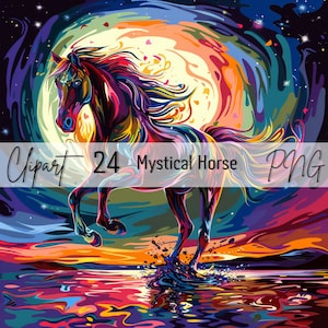 Pferd PNG Clipart, 24 mystische Pferd Clipart-Bilder, Tier Png-Bundle, einzigartige Clipart, lebendige Farben Bilder, kommerzielle Nutzung
