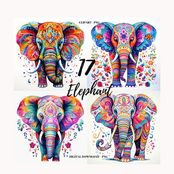 Elephant Clipart PNG, Elephant Images, 17 Elephant Animal Bundle, Elephant Clipart, Colorful Elephant PNG, Animal Bundle Set, Card Making