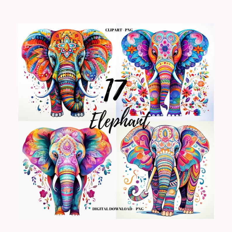 Peut inclure: Quatre illustrations num&eacute;riques color&eacute;es d'&eacute;l&eacute;phants avec des motifs complexes et des motifs floraux. Les &eacute;l&eacute;phants sont face &agrave; l'avant, la trompe lev&eacute;e. Le texte "17 Elephant" est au centre de l'image.