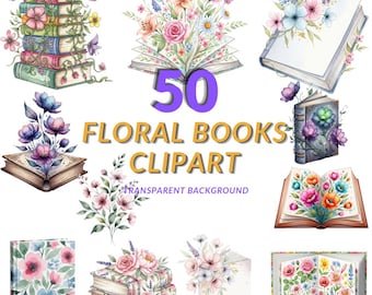 Watercolor Floral Books Clipart PNG, 50 Boho Wildflower Book Stack Illustrations, Transparent Background