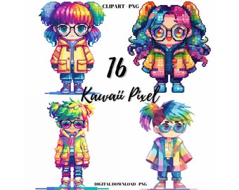 Kawaii Clipart PNG, 16 Cute Kawaii Girl Images Bundle, Pixel Kawaii Girl Clipart, Cute Anime Pixel Art Graphics, Digital Paper Craft