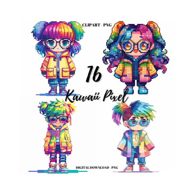 Kawaii Clipart PNG, 16 Cute Kawaii Girl Images Bundle, Pixel Kawaii