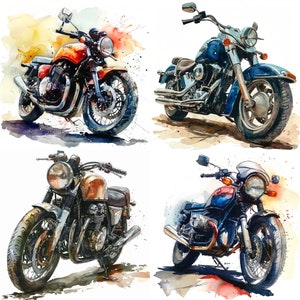 May include: Four vintage motorcycles in different styles and colors are painted in watercolor. The motorcycles are all in various poses, with some facing forward and others facing sideways. The motorcycles are all painted in a realistic style, with details such as the chrome accents and the leather seats.