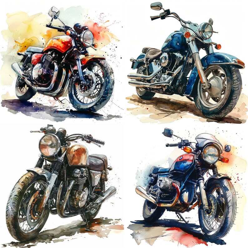 May include: Four vintage motorcycles in different styles and colors are painted in watercolor. The motorcycles are all in various poses, with some facing forward and others facing sideways. The motorcycles are all painted in a realistic style, with details such as the chrome accents and the leather seats.