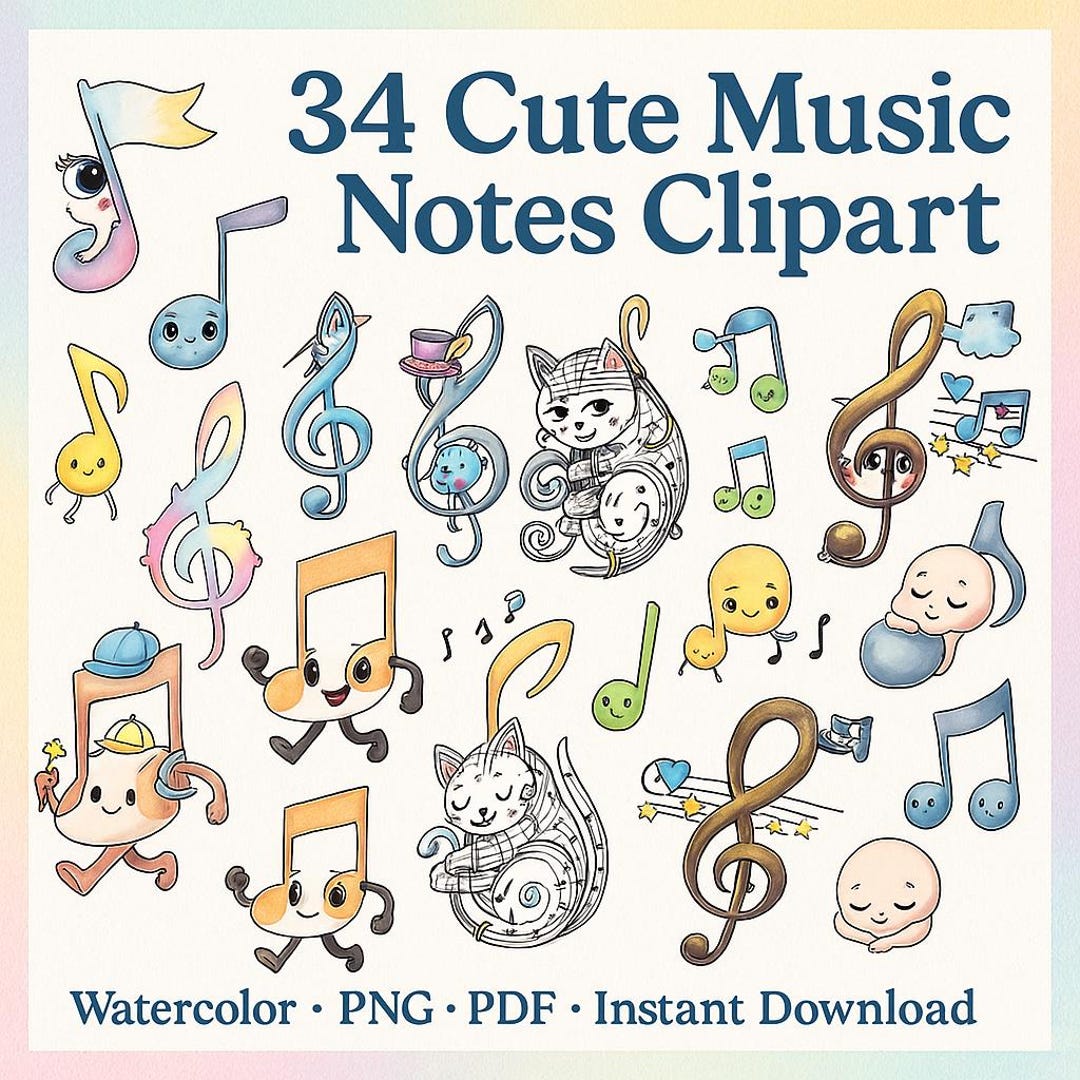 Notes 34 Music Notes Clipart: 34 PNG PDF Watercolor Music Clip Art, Kids ...