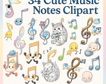 Imágenes prediseñadas de notas musicales: 34 imágenes PNG en formato PDF con acuarela, decoración para aulas infantiles