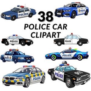 以下が含まれることがあります： 8つの警察車両のクリップアートイラストのコレクション。車は青、黒、白など様々な色で、上部に点滅するライトが付いています。「38 POLICE CAR CLIPART」の文字が黒で表示されています。