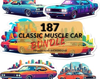 Muscle Car Clipart PNG Bundle, 187 Classic Vintage Car, Retro American Cars, Transparent Background