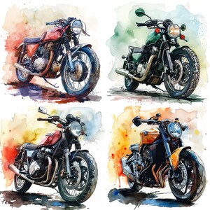 May include: Four vintage motorcycles in watercolor illustrations. Each motorcycle is a different color and style. The motorcycles are on a white background with watercolor splashes.
