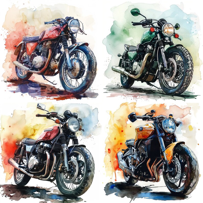 May include: Four vintage motorcycles in watercolor illustrations. Each motorcycle is a different color and style. The motorcycles are on a white background with watercolor splashes.