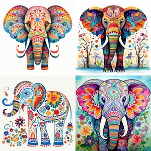 Peut inclure: Quatre illustrations color&eacute;es d'&eacute;l&eacute;phants avec des motifs et des dessins complexes. Chaque &eacute;l&eacute;phant a un sch&eacute;ma de couleurs et un arri&egrave;re-plan floral diff&eacute;rents.