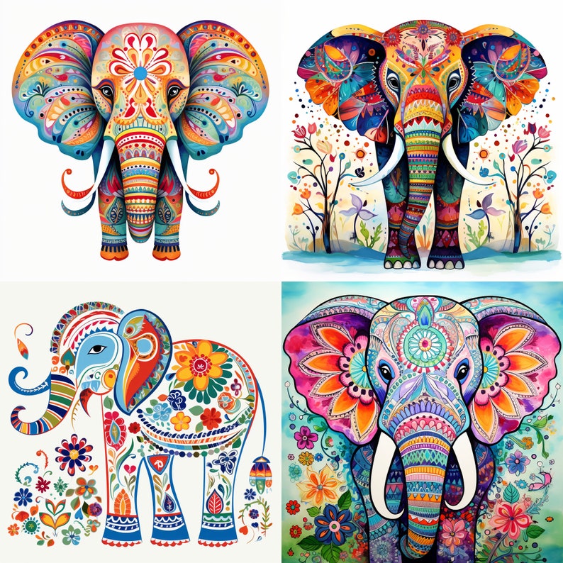 Peut inclure: Quatre illustrations color&eacute;es d'&eacute;l&eacute;phants avec des motifs et des dessins complexes. Chaque &eacute;l&eacute;phant a un sch&eacute;ma de couleurs et un arri&egrave;re-plan floral diff&eacute;rents.