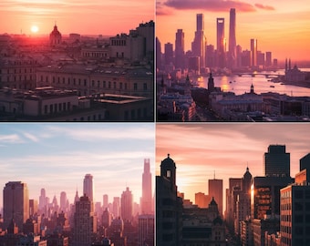 Sunset City Photography, 34 Pink Sky Urban Landscapes PNG, Golden Hour, Commercial Use