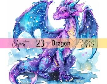 Watercolor Dragon Clipart: Mystic Fantasy PNG Images (Commercial Use)