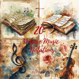 Clipart di notazione musicale PNG, 20 immagini di notazione musicale vintage, download immediato, uso commerciale, clipart di note, pagine musicali vintage png