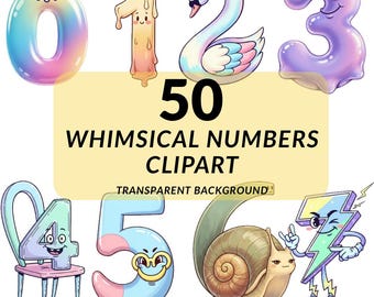 Whimsical Numbers Clipart PNG Bundle, ute Doodle Numbers 0-9, Kids Learning Graphics, Transparent Background