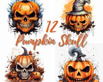 Watercolor Halloween Clipart: Spooky Pumpkin Skull PNG (Digital Download)