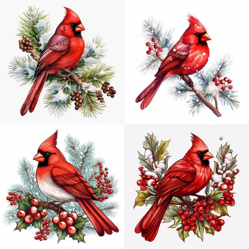 Christmas Birds Clipart PNG, 16 Red Cardinal Images Bundle, Commercial