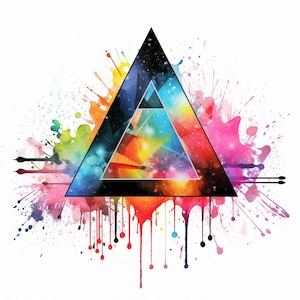Puede incluir: Un triángulo negro con un diseño de galaxia colorido en su interior. El triángulo está rodeado de salpicaduras y goteos de acuarela de colores.