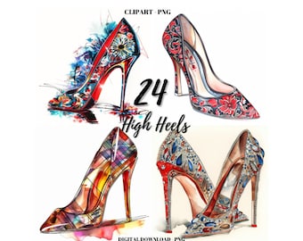 Luxury High Heels Clipart: 24 Watercolor Shoe PNG Images (Digital Download)