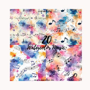 Notación musical Acuarela Clipart PNG, 20 notas musicales coloreadas, Descarga instantánea, Uso comercial, Notas Clipart, Página colorida PNG