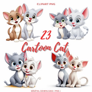 Chat de dessin animé PNG Clipart, lot de 23 chats de dessin animé PNG, fabrication de cartes, créations numériques en papier, images de chat mignon, dessins animés chat png, lot de dessins animés