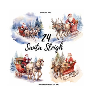 Clipart traîneau du père Noël, lot de 24 Images de traîneau Noël, clipart père Noël joyeux Noël, fabrication de cartes, créations numériques en papier, graphismes de Noël