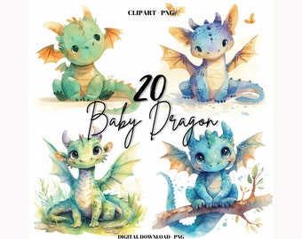 Baby Dragon Watercolor Clipart, Fantasy PNG (Commercial Use)