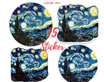 Starry Night Stickers: Van Gogh Illustrations, Digital Paper Craft (PNG)