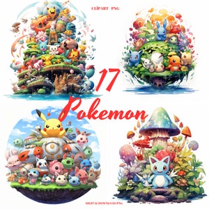 Imágenes prediseñadas de Pokémon PNG, paquete de 17 imágenes de Pokémon, ilustración de Pokémon, creación de tarjetas, manualidades con papel digital, paquete de dibujos animados PNG