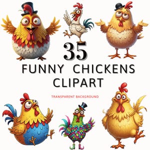 May include: A collection of six cartoon chickens in various poses and colors. The image includes the text "35 FUNNY CHICKENS CLIPART" and "TRANSPARENT BACKGROUND". The chickens are yellow, red, blue, green, and white.