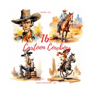 Cartoon Cowboy PNG Clipart, 16 Cartoon Cowboy Images Bundle, Cartoon Watercolor Cowboy Illustration, Cartoon Digital Cratfs Card Making