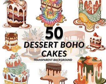 Dessert Cake Clipart PNG Bundle, 50 Boho Bakery Cakes, Transparent Background
