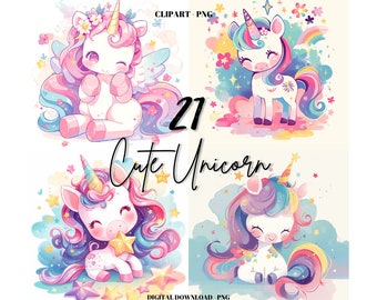 May include: A set of four digital clipart images featuring cute cartoon unicorns with colourful manes and tails. The unicorns are surrounded by stars, flowers, and rainbows. The text "21 Cute Unicorn" is in the centre of the image.
