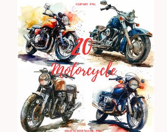 Imágenes prediseñadas de motocicletas en acuarela: 20 imágenes PNG de motocicletas (descarga digital)