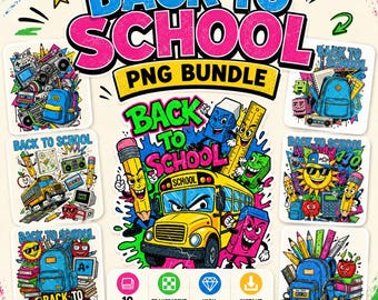 Bundel van 50 PNG-afbeeldingen voor de start van het schooljaar, retro schoolclipart voor sublimatie, shirts en stickers.