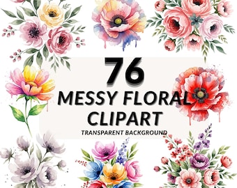 Watercolor Floral Clipart PNG Bundle, 76 Raw Imperfect Flowers, Transparent Background, Commercial Use