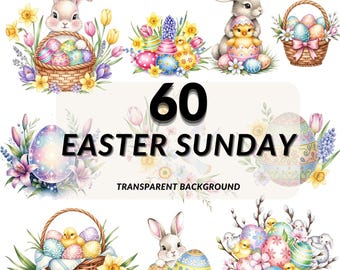 Easter Clipart PNG Bundle, 60 Watercolor Spring Elements, Transparent Background, Commercial Use