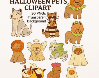 May include: Hand-drawn Halloween pets clipart featuring various animals in costumes. The image includes a dog with stitches, a cat in a pumpkin costume, and a dog dressed as a lion. The text reads "30 PNGs Transparent Background."