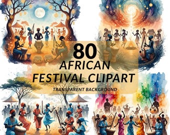 African Festival Clipart PNG Bundle, 80 Afro Music Elements, Cultural Festival Illustrations, Transparent Background