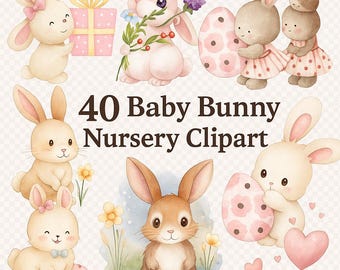 40 Baby Bunny Clipart, Watercolor Bunny Nursery Illustration, Pastel Animal Clip Art Bundle
