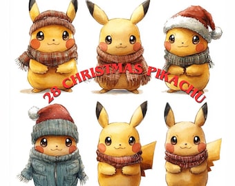 May include: Six digital illustrations of Pikachu wearing different winter clothing.  The illustrations feature Pikachu wearing a red Santa hat, a blue beanie, a plaid scarf, and a plaid scarf with a beanie.  The text "28 Christmas Pikachu" is written in red on the image.