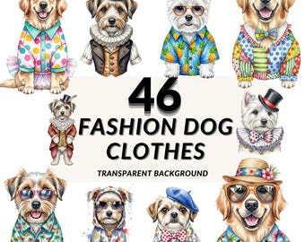 Funny Dog Clipart PNG Bundle, 46 Fashion Dogs Outfit, Transparent Background, Commercial Use